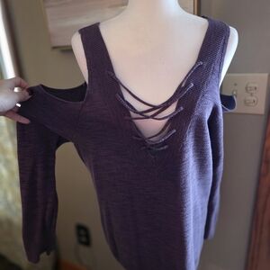 Express Purple Cold-Shoulder Lace-Up Sweater